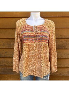 Savanna Jane Womens Boho Floral Long-Sleeve Blouse With Embroidered Front & Tie